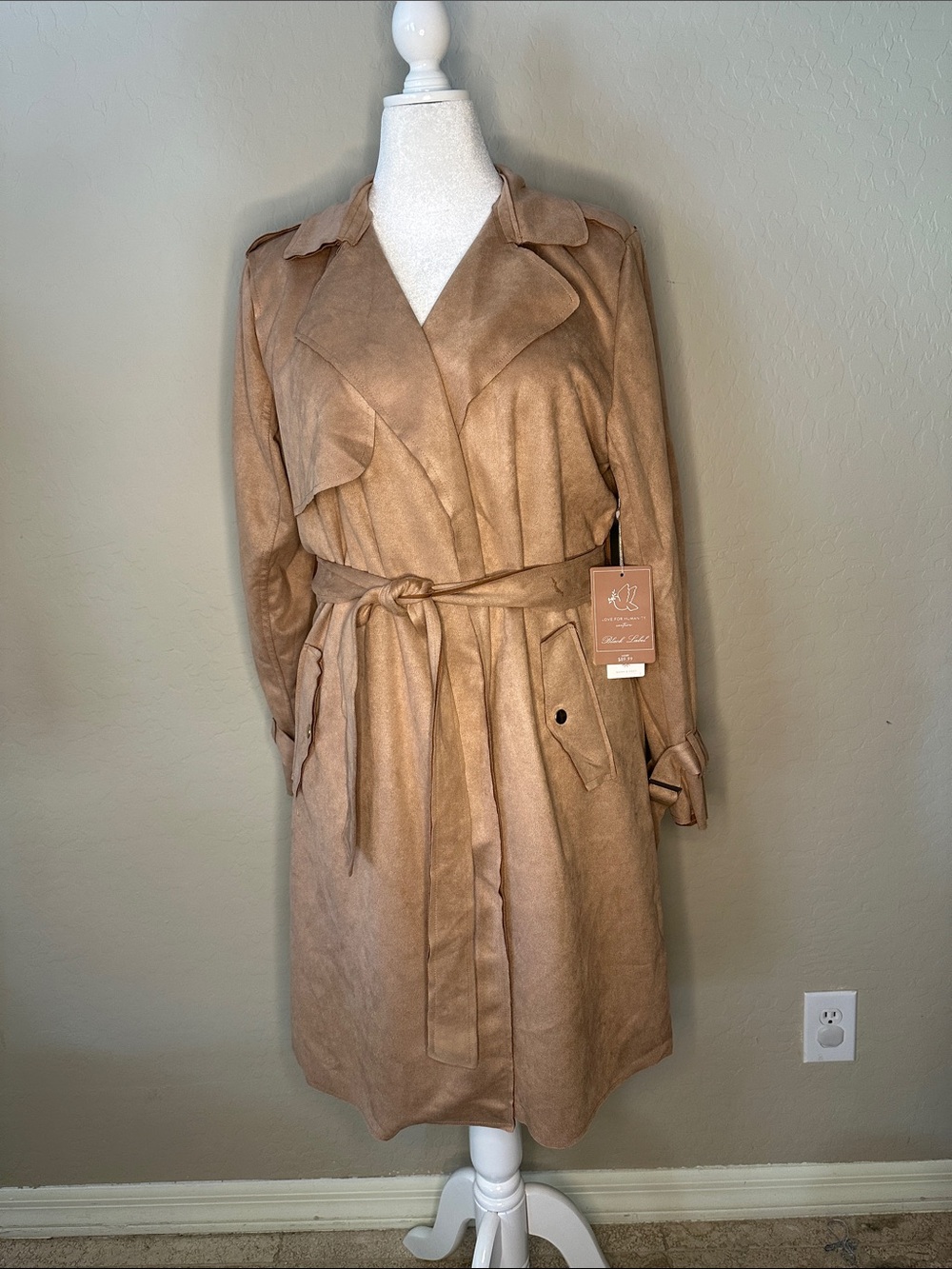 Suede-Texture Tan Trench Coat with Waist Tie